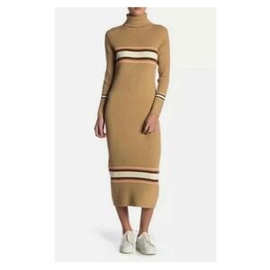 Free People Sport Midi Stripe Sweater Dress Large Camel Brown Turtleneck Retro